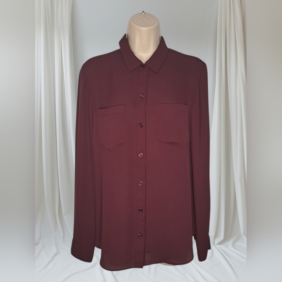 WHBM Women Top #570248767 Button Down Size 8 Poplin Long Sleeve Maroon Pockets - Picture 14 of 14